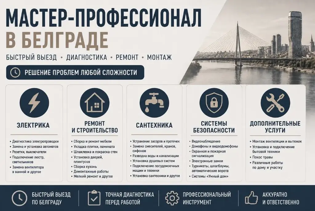 🔧 МАСТЕР-ПРОФЕССИОНАЛ В БЕЛГРАДЕ — РЕМОНТ, МОНТАЖ, САНТЕХНИКА И ЭЛЕКТРИКА