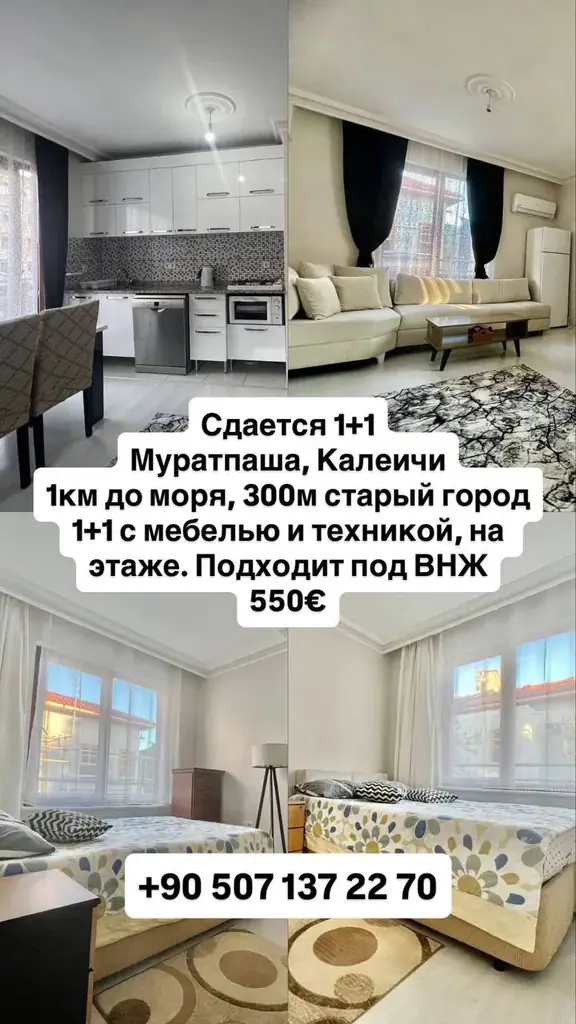 🏡 Сдается квартира 1+1 в Муратпаша (Калеичи)