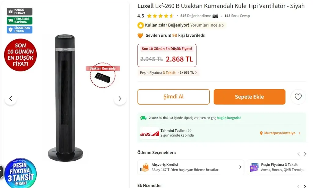 Башенный вентилятор Luxell LXF-260 — 2 000 TL