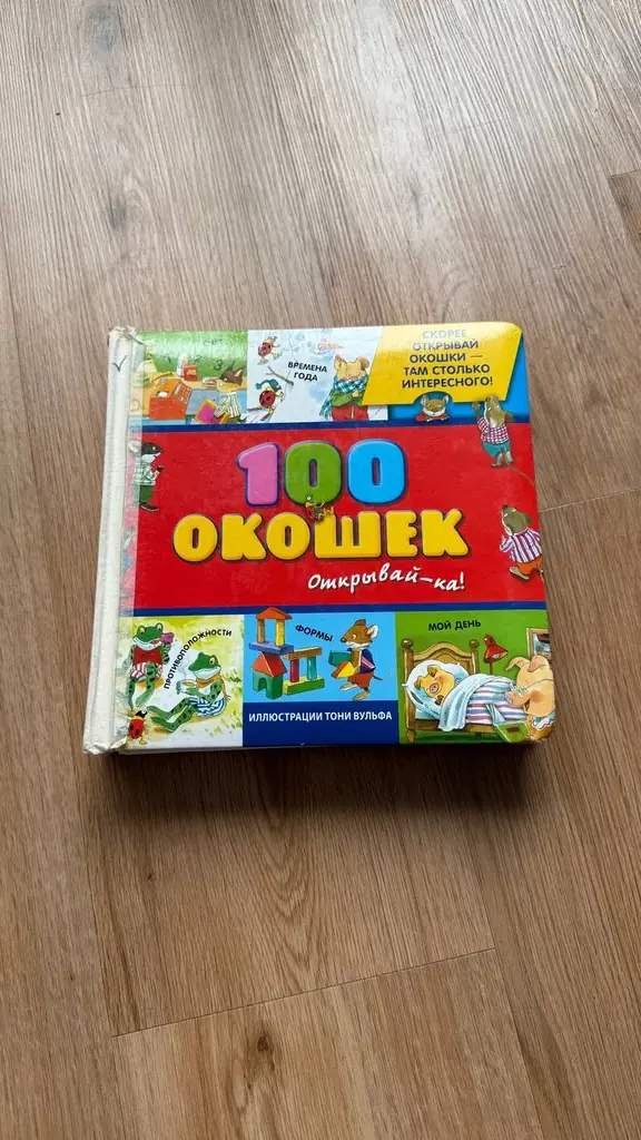 Книга 100 окошек. Толстые страницы, удобно для малышей. Может на долго занять ребенка одного, после…