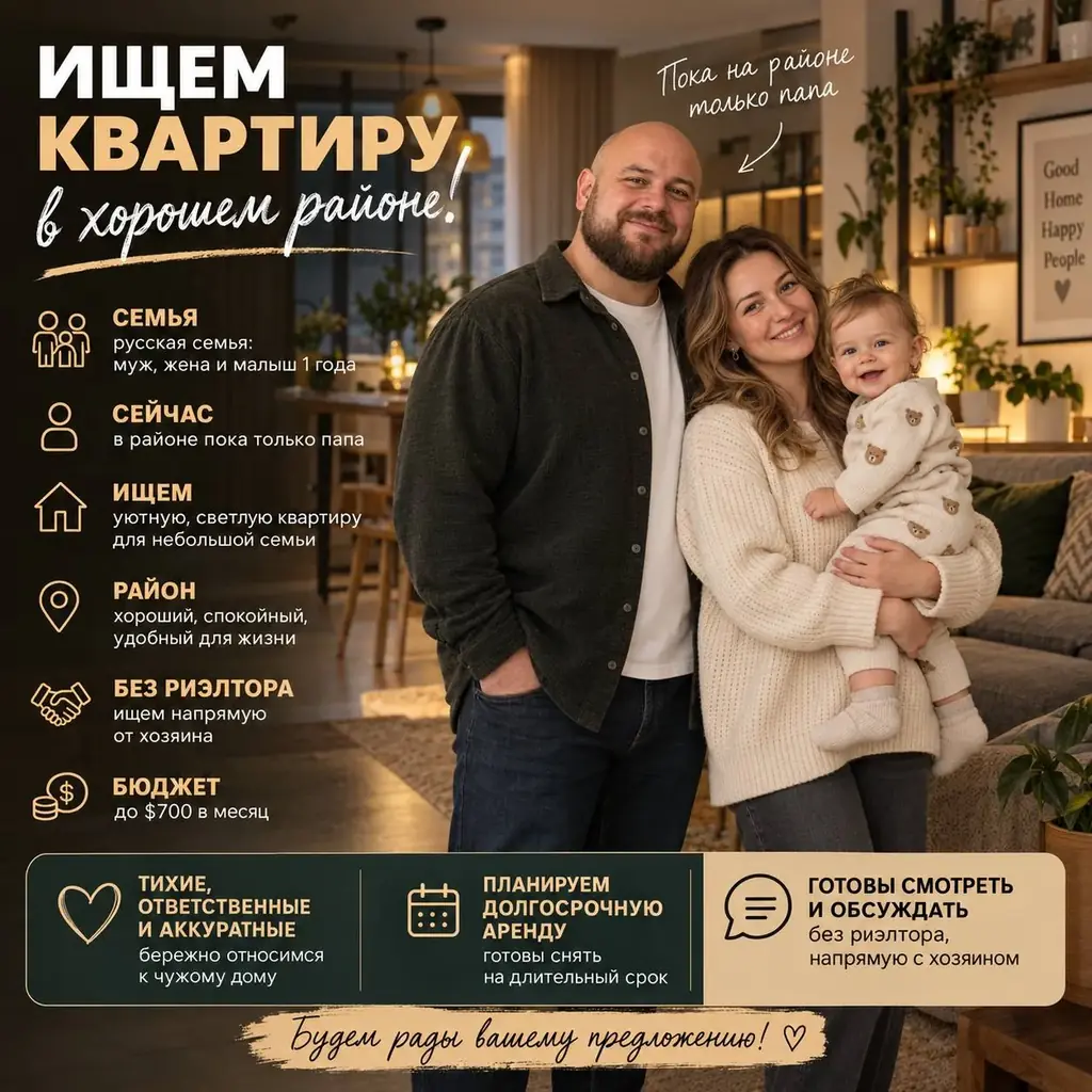 Русская семья с 1 годовалым ребёнком арендует квартиру бюджет до 700$ (пока только папа на районе)