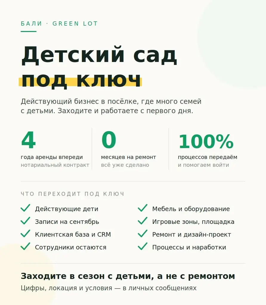 Продаю готовый детский сад на Бали (Green Lot )