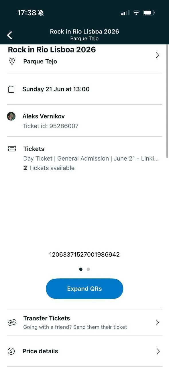 Продам 2 билета на 21 Июня на Rock in Rio (Линкин Парк).