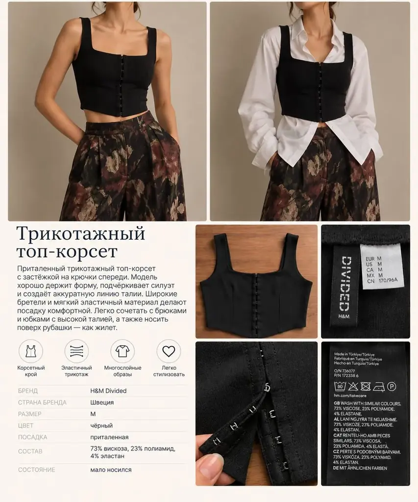 Топ-корсет H&M Divided, чёрный, застёжка на крючки спереди. Мало носился. Больше фото в личку.
