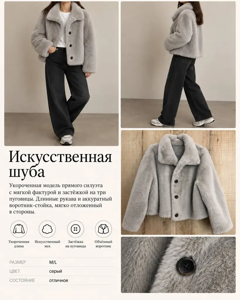 Укороченная шуба из искусственного меха, очень классный крой. Отличное состояние. Идеальна по тепло…