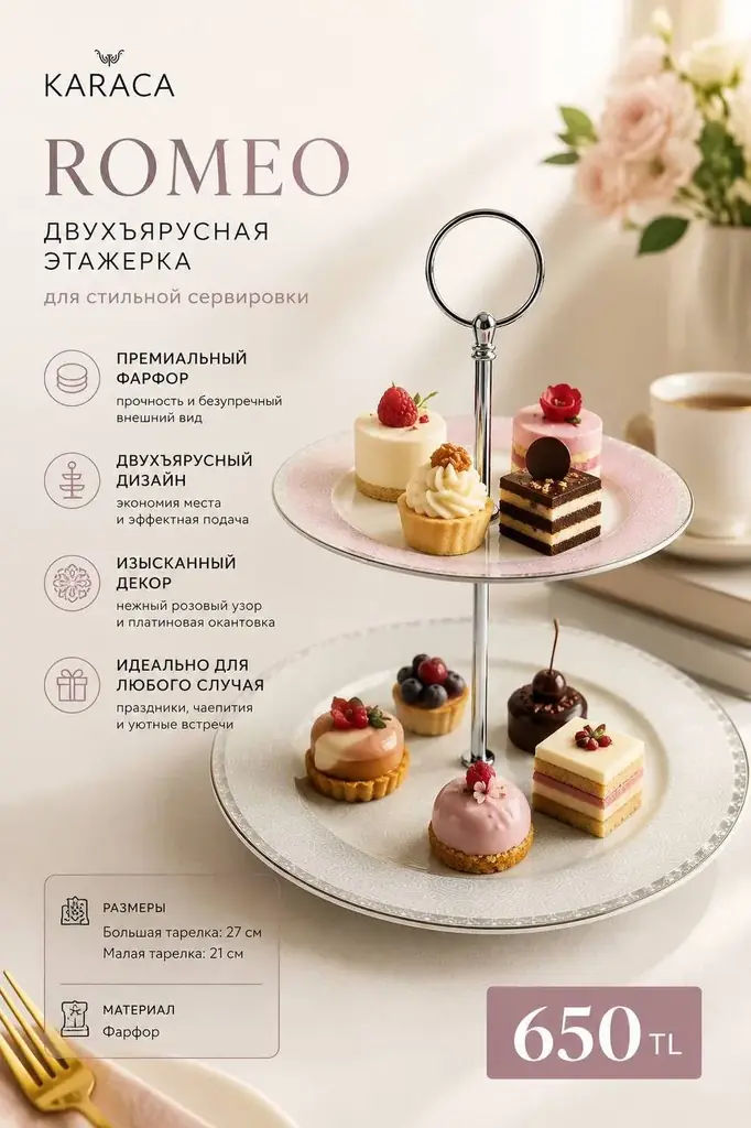 🌸 Karaca коллекция Romeo — двухъярусная фарфоровая этажерка для десертов