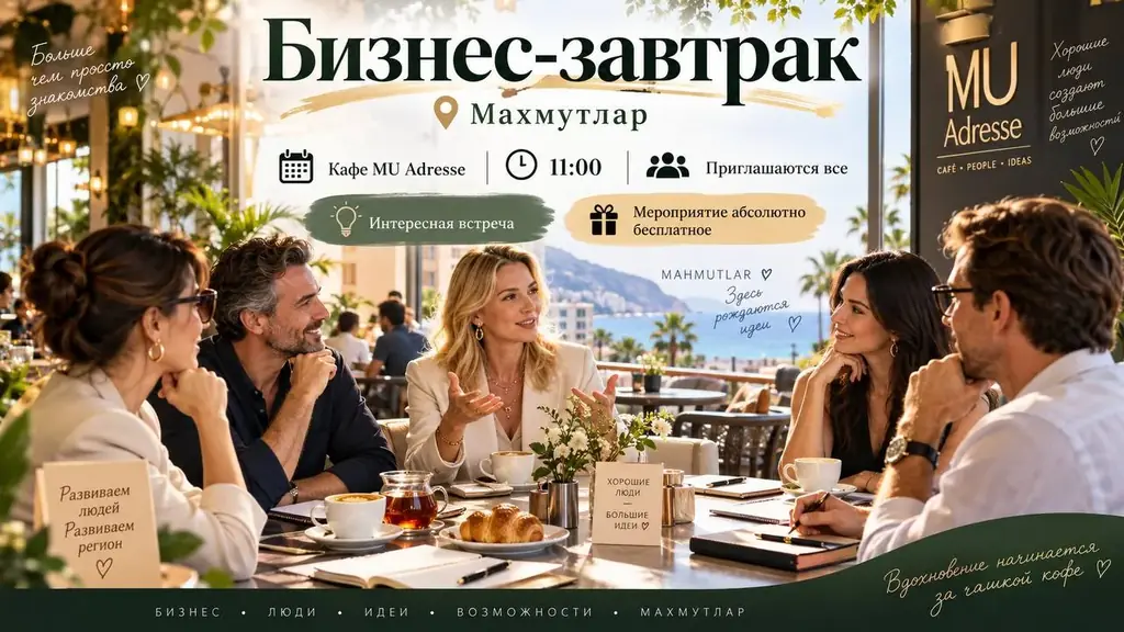 Дорогие друзья! Приглашаем вас в четверг в 11:00 на бизнес-завтрак в Махмутларе, кафе MU Adresse.
