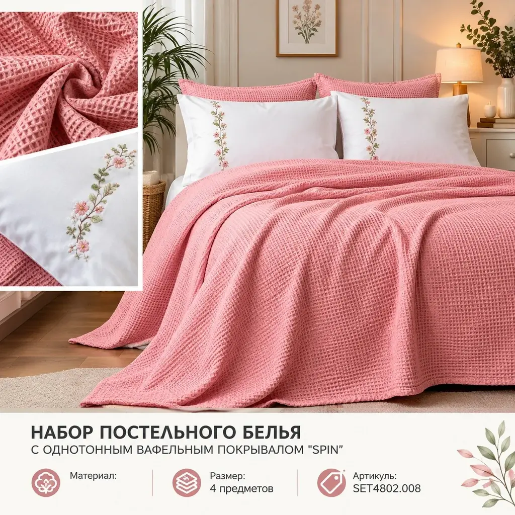 🟡НАБОР ПОСТЕЛЬНОГО БЕЛЬЯ С ОДНОТОННЫМ ВАФЕЛЬНЫМ ПОКРЫВАЛОМ В КОРОБКЕ ''SPIN'' 🟡
