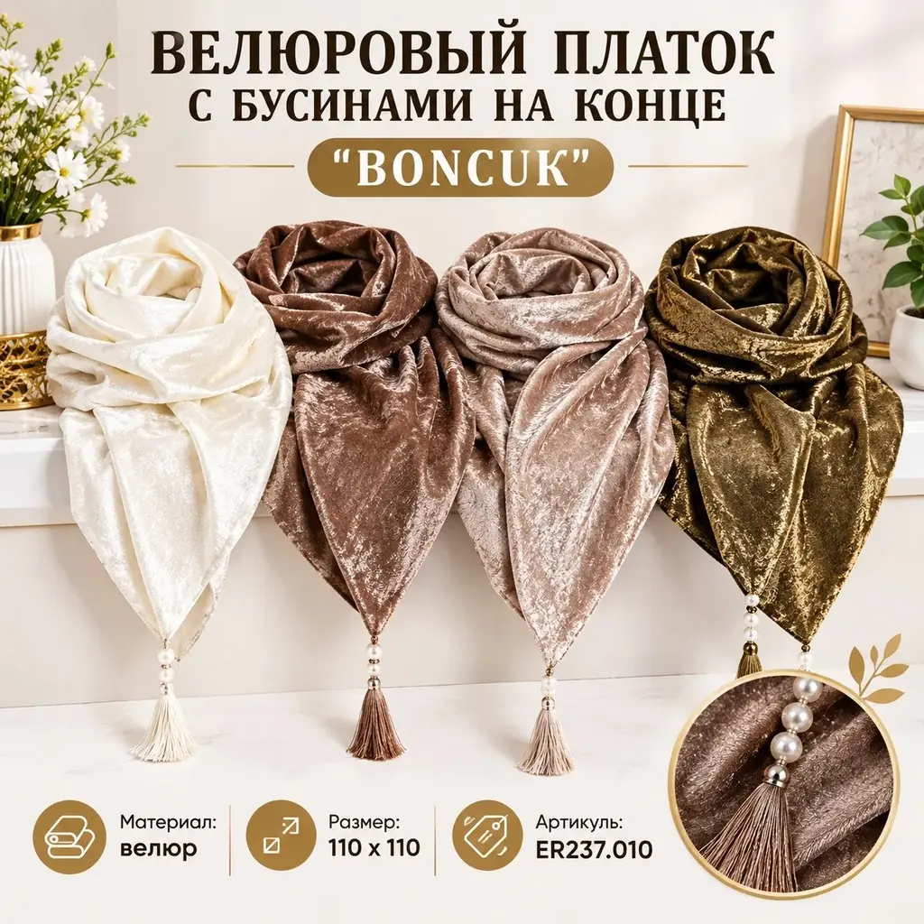 🟡 ВЕЛЮРОВЫЙ ПЛАТОК С БУСИНАМИ НА КОНЦЕ ''BONCUK'' 🟡