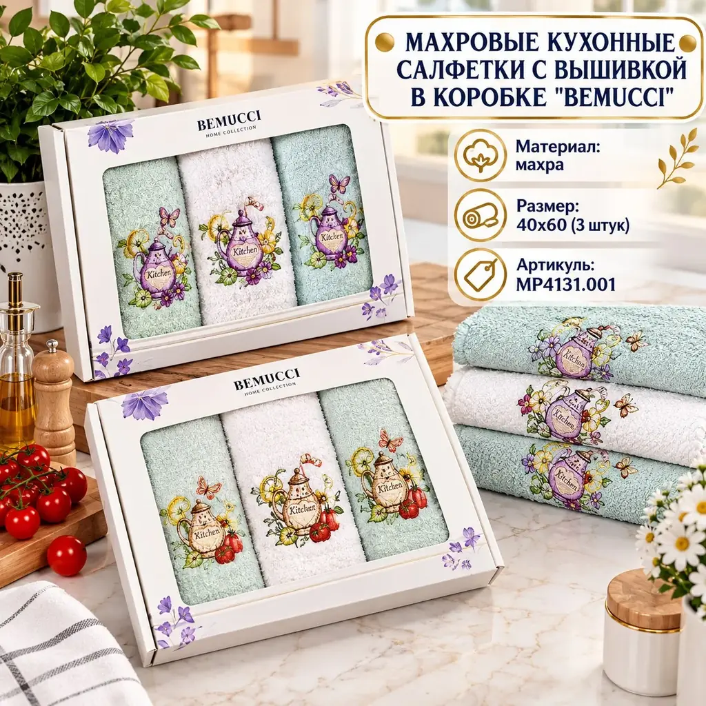 🟡 МАХРОВЫЕ КУХОННЫЕ САЛФЕТКИ С ВЫШИВКОЙ В КОРОБКЕ ''BEMUCCI'' 🟡