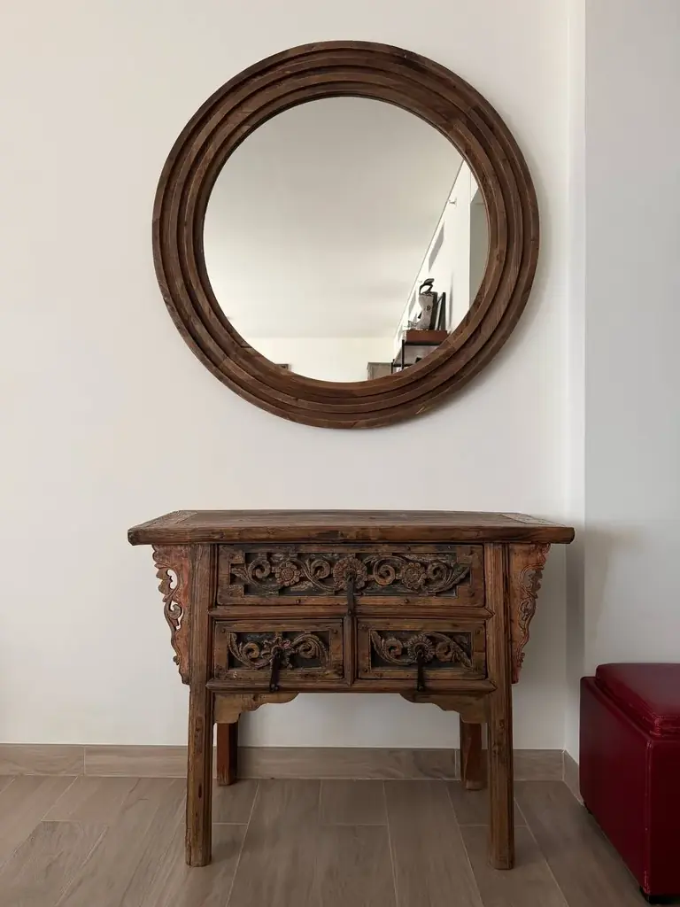 Vintage-Style Asian Console Table & Round Mirror