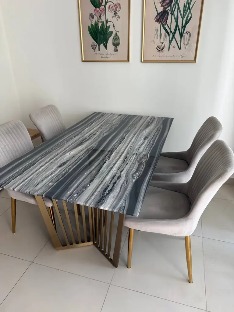 Beautiful marble table 160*90 + 4 chairs. 900 aed. Pick up Tilal al Ghaf