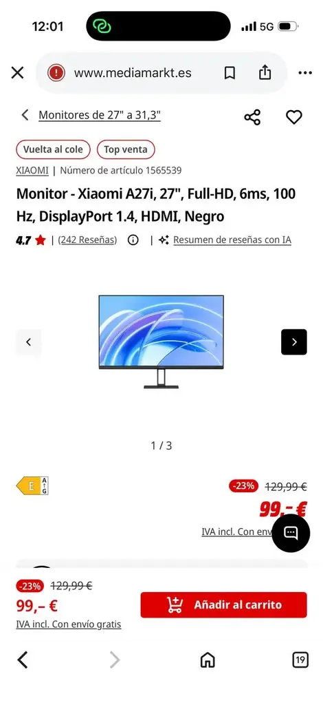 Продам Monitor - Xiaomi A27i, 27", Full-HD, 6ms, 100 Hz, DisplayPort 1.4, HDMI, Negro