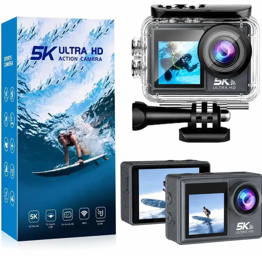 Ausek 5K Ultra HD Dual Screen 5K водонепроницаемая Action камера с беспроводным микрофоном