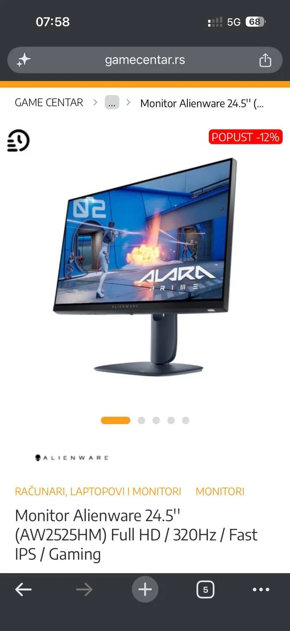 Продам Монитор Alienware 24,5'' обеспечивает невероятно высокую частоту обновления 320 Гц и оснащен…
