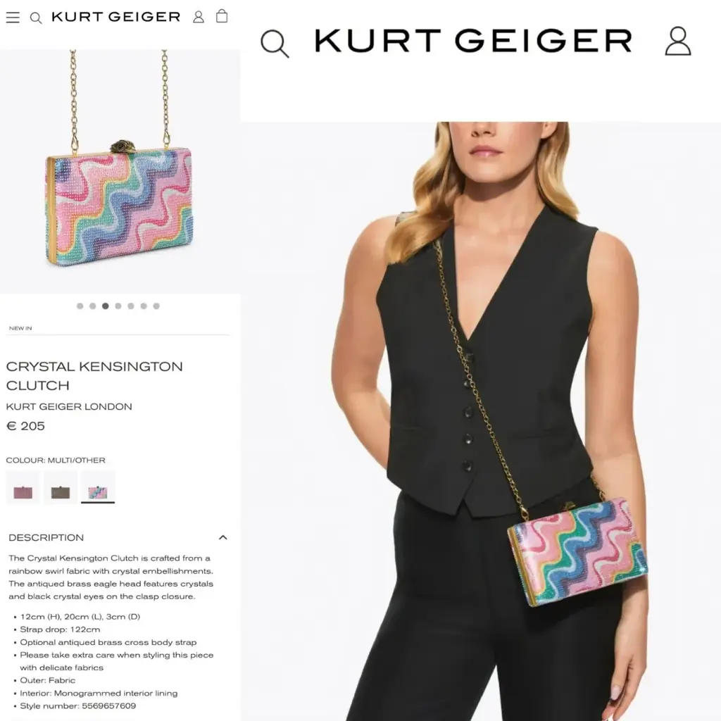 Новый клатч от бренда Kurt Geiger London, размеры сумочки на фото.
