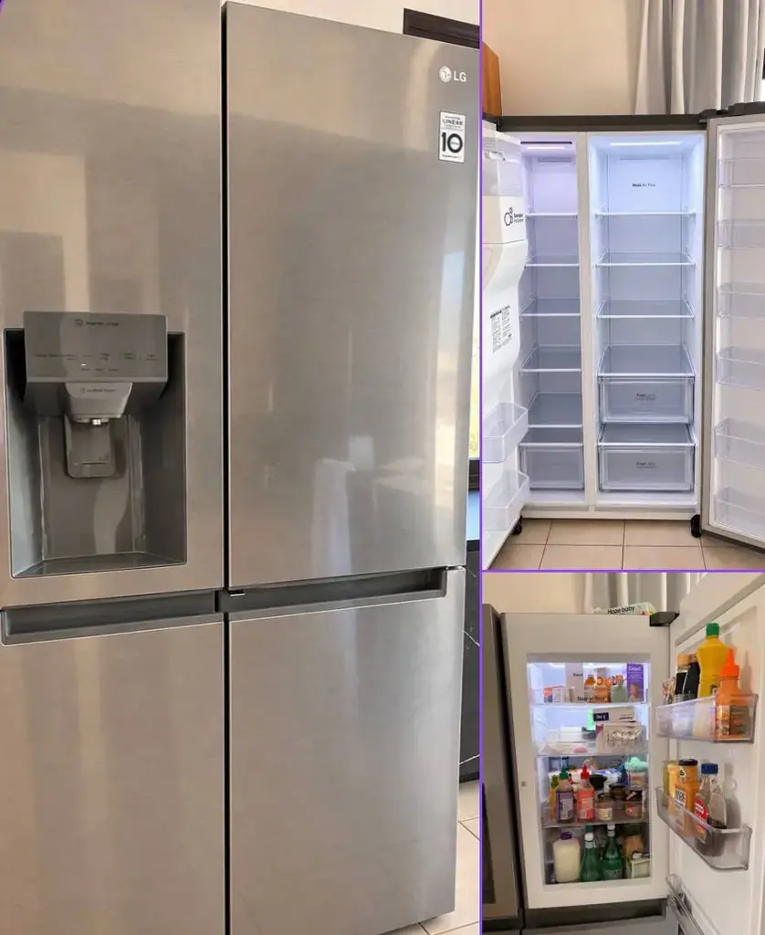 Lg side by side двойной холодильник с тремя дверьми, функцией льда и холодной воды.