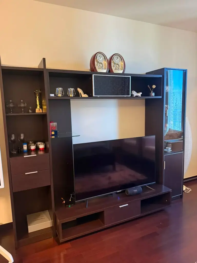 Dark Wood TV Wall Unit with Storage and Display Cabinets 1500 AED