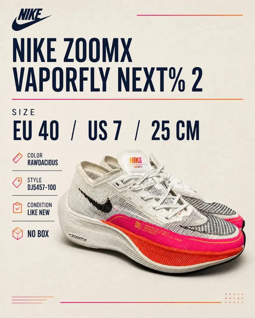 Продаю Nike ZoomX Vaporfly NEXT% 2 (беговые). Состояние новых — без следов носки. Подошва идеально …