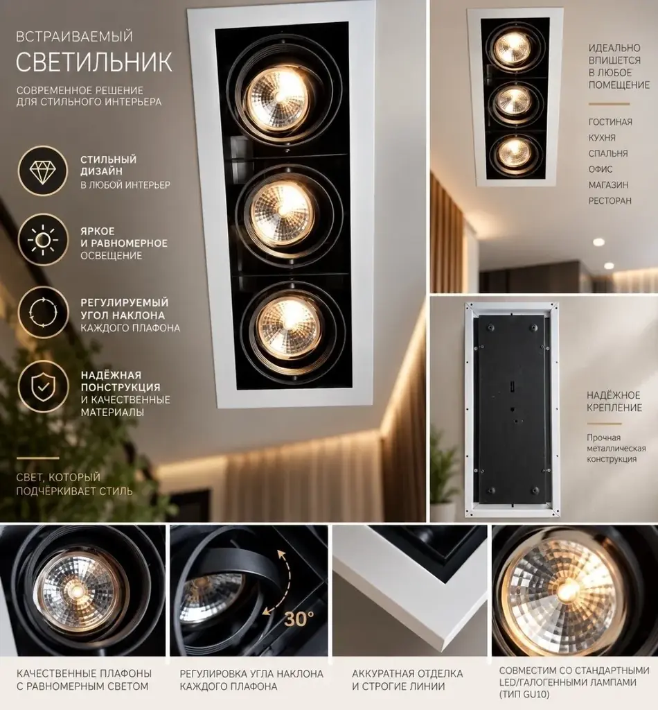 Продаётся встраиваемый поворотный светильник на три лампы. Подходит для квартиры, офиса, магазина, …